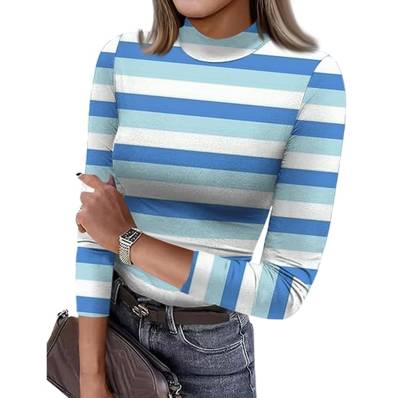 Garbnen Women's Striped Shirt Women's 3/4 Sleeve Tops Mock Neck Color Block Shirts Slim Fit Stretch Women Basic Tops