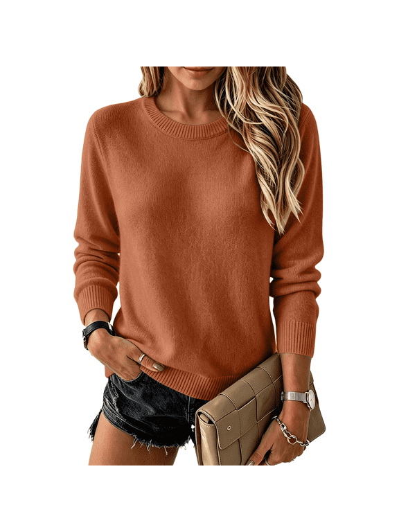 Women's Sweaters Basic Solid Color Crew Neck Long Sleeve Knit Sweater for Women Fall Winter Layering Lightweight Warmth Pullover Sweaters Women Light Brown L
