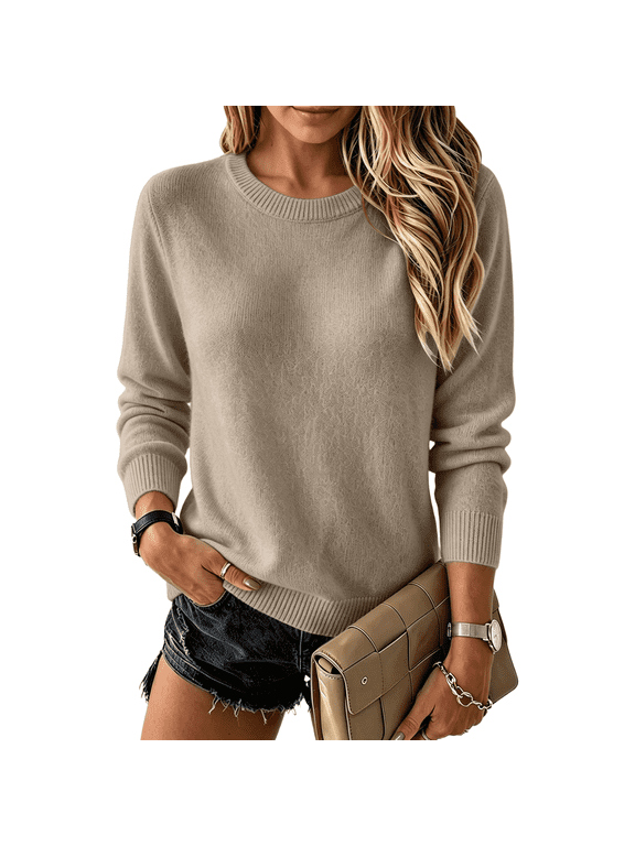 Women's Sweaters Basic Solid Color Crew Neck Long Sleeve Knitted Sweater Fall Winter Layering Lightweight Warmth Women's Pullover Sweaters Brown L