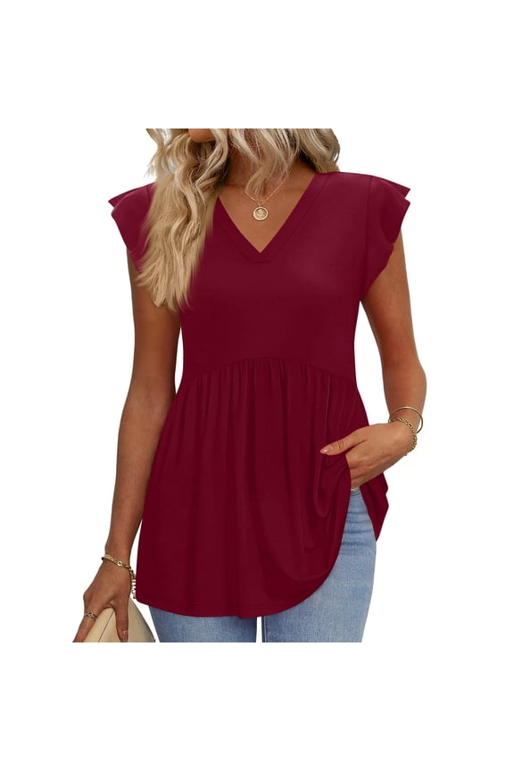Women's V-Neck Ruffle Cap Sleeve Flowy Tunic Tops Casual Loose Pleated Blouses Summer T-Shirts for Women Red M