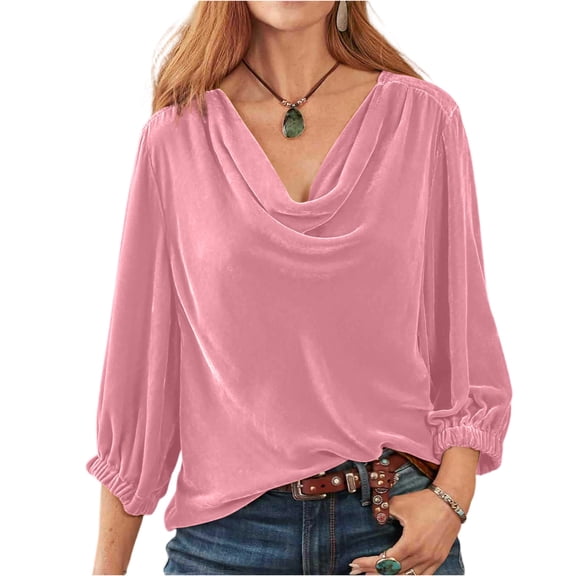 Garbnen Women's Velvet Tops Cowl Neck Drape Women's Tops 3/4 Sleeve Dressy Spring Summer Elbow Length Sleeve Blouses Women