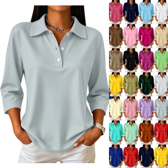 Garbnen Womens 3/4 Sleeve Polo Shirts Lapel Collar V Neck Womens Golf Tops Fitted Casual Breathable Office Trendy Women Blouses Beige XXL