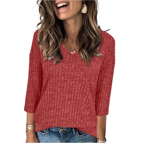 Garbnen Womens 3/4 Sleeve Sweaters V Neck Womens Pullover Sweater Ribbed Fall Winter Warm Comfy Casual Trendy Women Tunic Tops XL