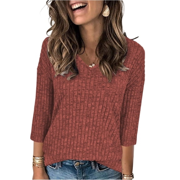 Garbnen Womens 3/4 Sleeve Sweaters V Neck Womens Pullover Sweater Ribbed Fall Winter Warm Comfy Stretch Dressy Womens Tunic L