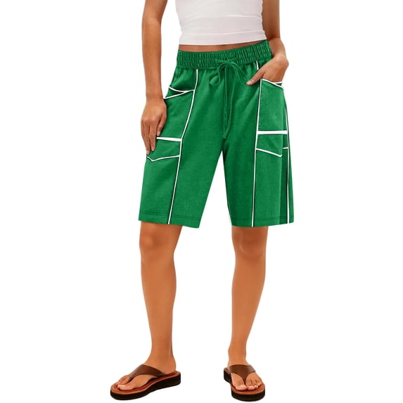 Garbnen Womens Bermuda Shorts Patchwork Curve Women Biker Shorts Drawstring Striped Cargo Shorts for Women with Multiple Pockets