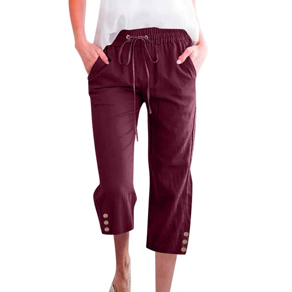 Garbnen Womens Capri Pants Elastic Waist Summer Drawstring Linen Pants Women Travel Beach Straight Leg Women Trouser with Pocket