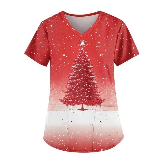 Garbnen Womens Christmas Scrub Tops Funny Xmas Printed V Neck Short Sleeve Fall Scrubs for Women Tops Nursing Uniform with Pocket S-5XL