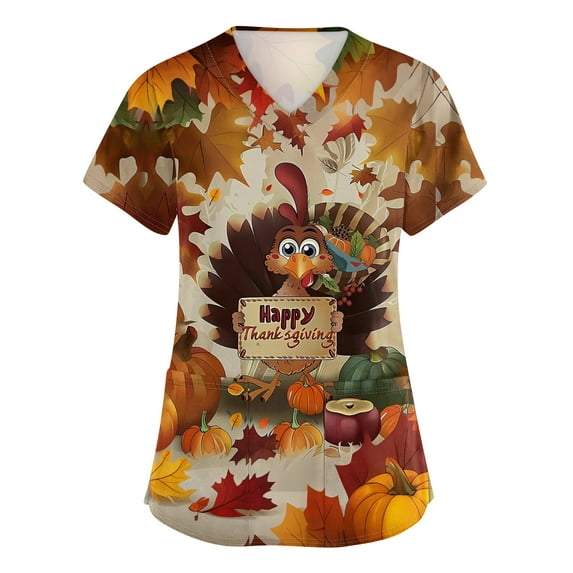 Garbnen Womens Christmas Scrub Tops V Neck Short Sleeve Fall Tops for Women 2025 Winter Fall Xmas Print Nurse Uniforms with Pockets S-5xl
