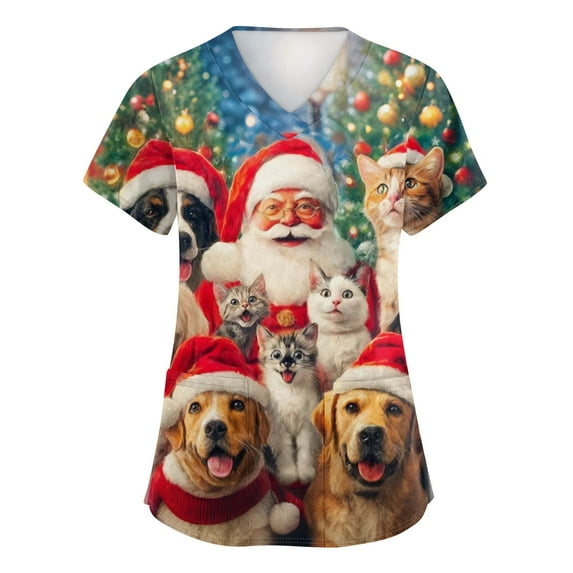 Garbnen Womens Christmas Scrub Tops V Neck Short Sleeve Fall Tops for Women 2025 Winter Fall Xmas Print Nursing Scrubs with Pockets S-5xl