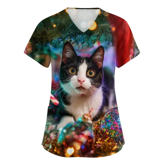 Garbnen Womens Christmas Scrub Tops V Neck Short Sleeve Women's Tops, Tees & Blouses Winter Fall Xmas Print Nursing Uniforms with Pockets S-5xl