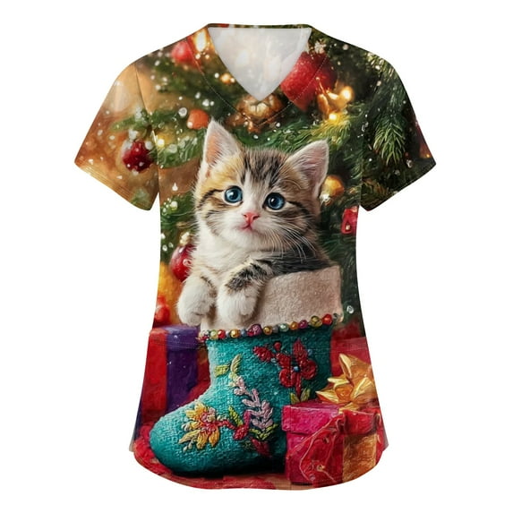 Garbnen Womens Christmas Scrub Tops V Neck Short Sleeve Workout Tops for Women Winter Fall Xmas Print Uniform Scrubs with Pockets S-5xl