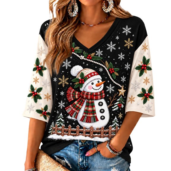 Garbnen Womens Christmas Shirt 3/4 Sleeve Snowman Graphic Womens V Neck Shirts Vintage Funny Merry and Bright Xmas Winter Holiday Blouses for Women