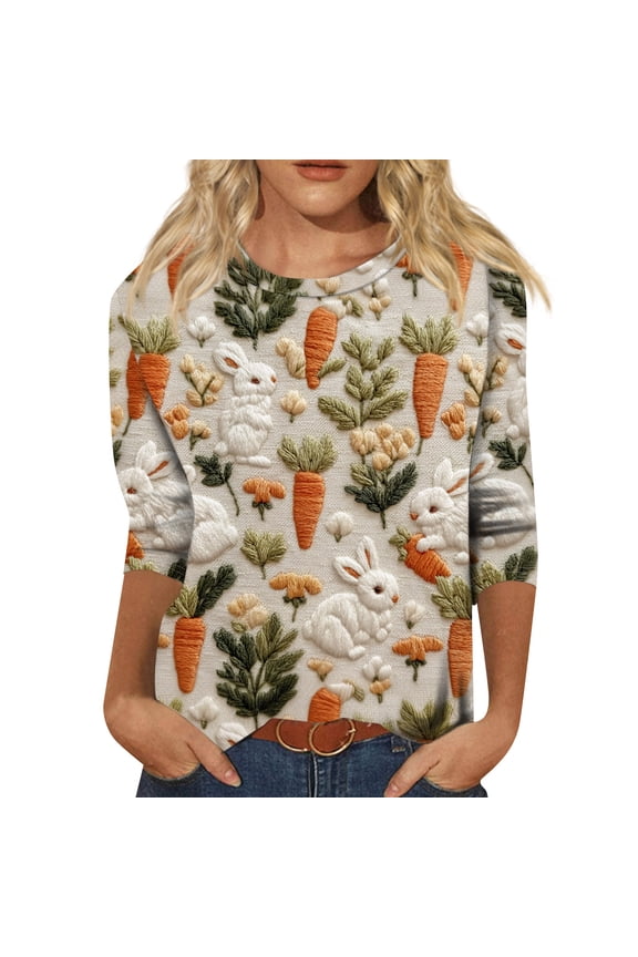 Womens Easter Shirt Round Neck Womens Shirts 3/4 Sleeve Egg Bunny Rabbit Print Dressy Fitted Holiday Woman Blouse