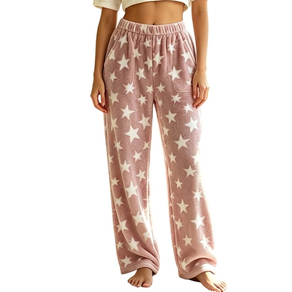 Garbnen Womens Flannel Pajama Pants Star Graphic Wide Leg Sleep Pants for Women Soft Comfy Fall Winter Warm Fluffy Pj Pants for Women with Pockets XXXL