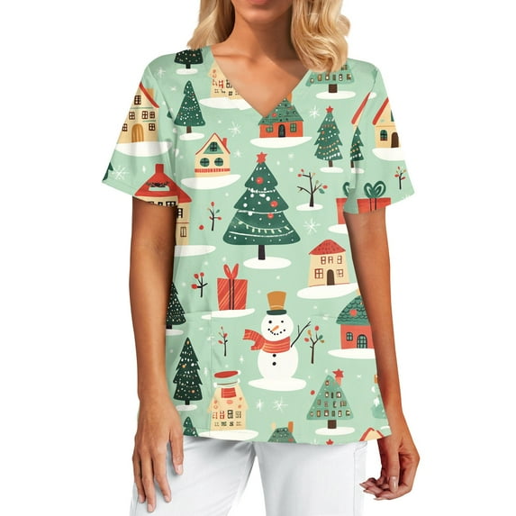 Garbnen Womens Holiday Scrub Tops Funny Xmas Printed V Neck Short Sleeve Fall Scrubs Top Nursing Tops with Pocket S-5XL