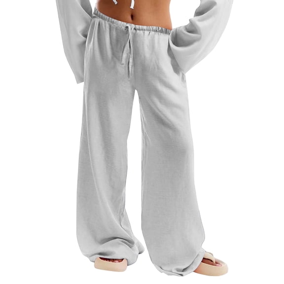 Garbnen Womens Linen Pants Casual Baggy Drawstring Womens Pants Wide Leg Spring Summer Beach Vacation Women’s Trousers