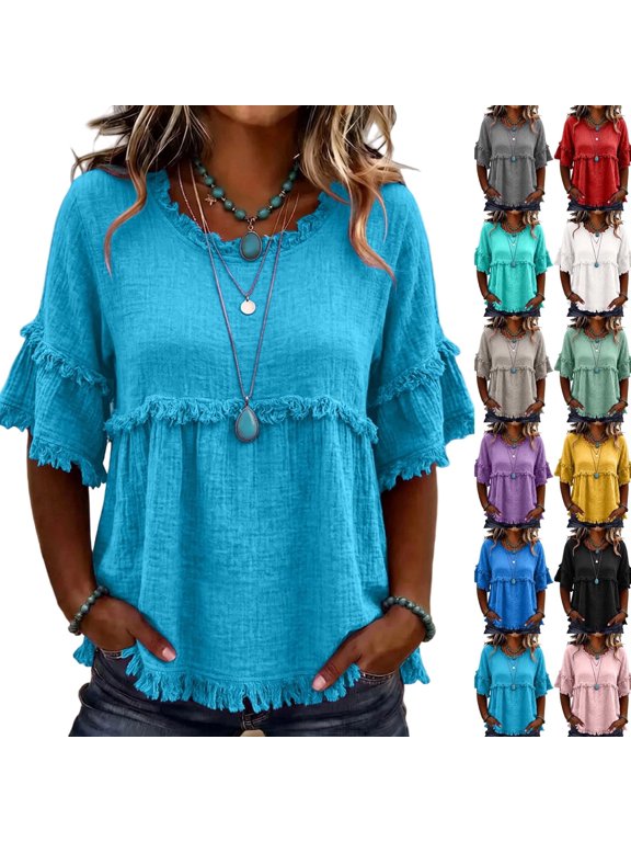 Womens Linen Shirt Raw Edge Hem Crew Neck Women Short Sleeve Tops Travel Summer Loose Fit Casual Fashion Womens Tunic Tops L