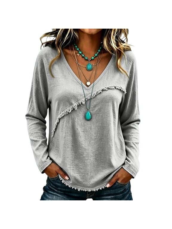 Womens Long Sleeve Shirt Fringed Trim Womens Shirts V Neck Patchwork Loose Fit Fall Winter Casual Trendy Women Blouses Gray XL