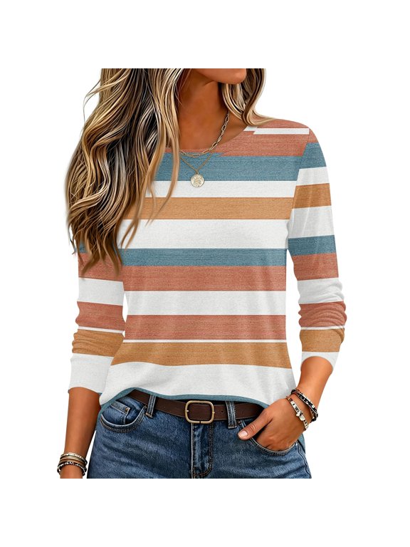 Womens Long Sleeve Shirt Striped Crew Neck Shirts for Women Basic Color Block Fall Winter Casual Y2k Women's Pullover Blue XXL
