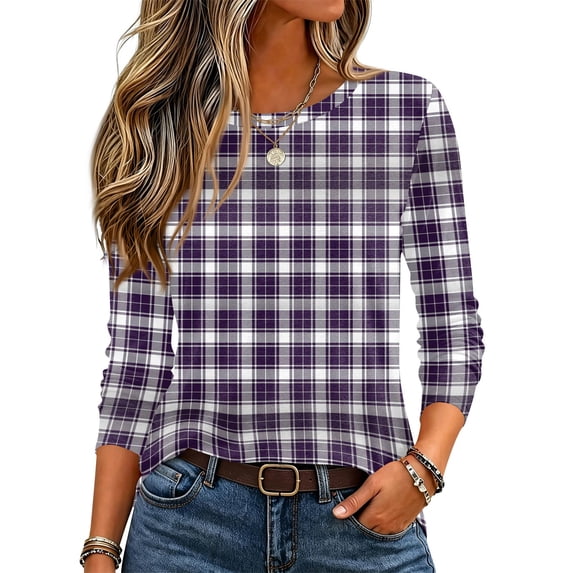 Garbnen Womens Long Sleeve Tops Plaid Crewneck Shirt Women Basic Color Block Fall Winter Casual Dressy Womens Pullover Tops L