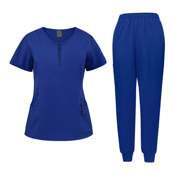 Garbnen Womens Mens Scrub Set Unisex Stretch Zipper Short Sleeve Top and Elastic Waist Pant Nurse Uniforms Set with Pocket