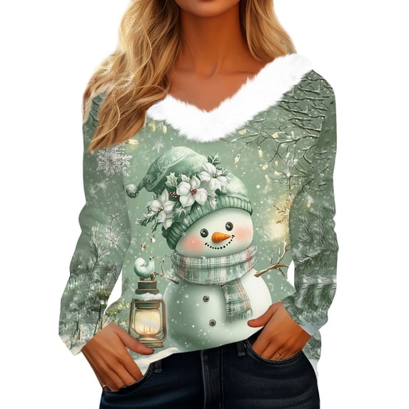 Garbnen Womens Merry Christmas Sweatshirt Faux Fur Trim V Neck Snowman Printed Women's Long Sleeve Shirts Holiday Xmas Funny Winter Warm Womens Pullover