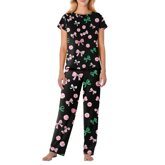 Garbnen Womens Pajama Sets Valentines Day Bow Print Short Sleeve Crew Neck Tops and Full-Length Pajama Pant Spring Summer Pajamas Sleepwear