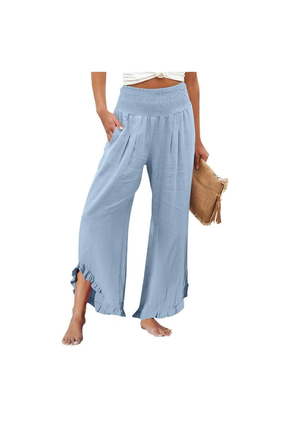 Womens Palazzo Pants Flowy Ruffle Hem Pants Wide Leg Woman Elastic Waist Summer Beach Vacation Trouser Pants with Pockets