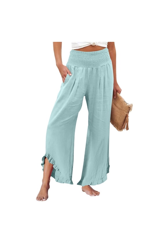Womens Pants Palazzo Flowy Ruffle Hem Wide Leg Pants for Women Elastic Waist Summer Beach Travel Trouser Pants for Women with Pockets