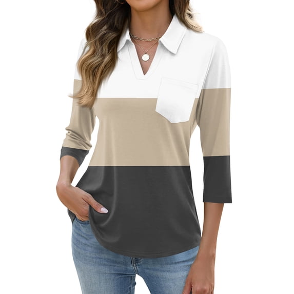 Garbnen Womens Polo Shirts 3/4 Sleeve Color Block Turn Down Collar V Neck Womens Tops Fitted Spring Tunics Tops for Women with Front Pocket