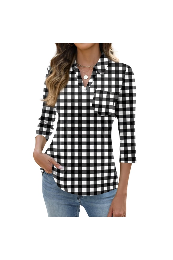 Womens Polo Shirts 3/4 Sleeve Plaid Collared V Neck Tops Business Fitted Color Block Tunic Tops Women with Pocket