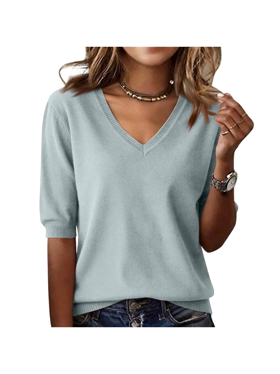 Womens Ribbed Shirt Knitted V Neck Half Sleeve Tops for Women Fitted Stretch Spring Summer Trendy Basic Tunics Tops for Women Green XL