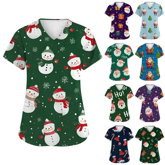 Garbnen Womens Scrub Tops Printed Christmas Womens Scrubs Top Workwear Short Sleeve V Neck Snowman Print Nurse Uniforms with Pockets
