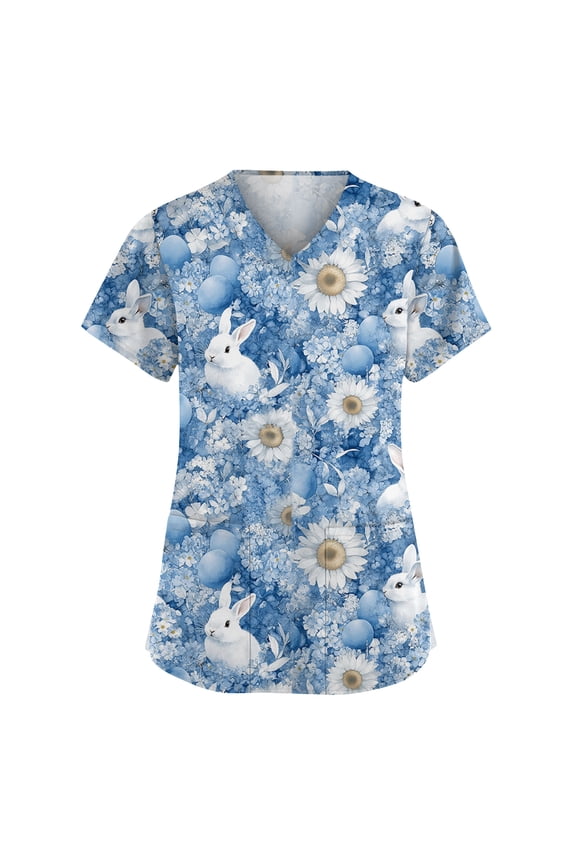 Womens Scrubs Tops Easter Bunny Egg Nursing Scrubs Plus Size V Neck Short Sleeve Womens Work Shirts with Pocket S-5XL