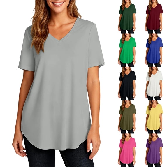 Garbnen Womens Short Sleeve Shirts Curved Hem Women V Neck T Shirt Hide Belly Spring Dressy Womens Going Out Top Blue M