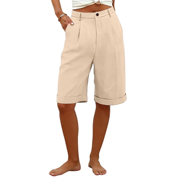 Garbnen Womens Shorts Linen with Pockets Button Womens Bermuda Shorts Knee Length Lightweight Vacation Travel Beach Womens Summer Shorts