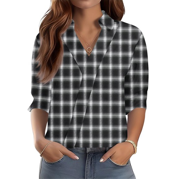 Garbnen Womens Tops 3/4 Sleeve Lapel Plaid Spring Summer V Neck T Shirts for Women Vacation Loose Trendy Women Blouses