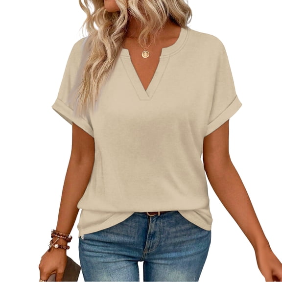 Garbnen Womens Tops Short Sleeve Beige Spring Summer V Neck Tops for Women Dressy Casual Basic Blouses for Women