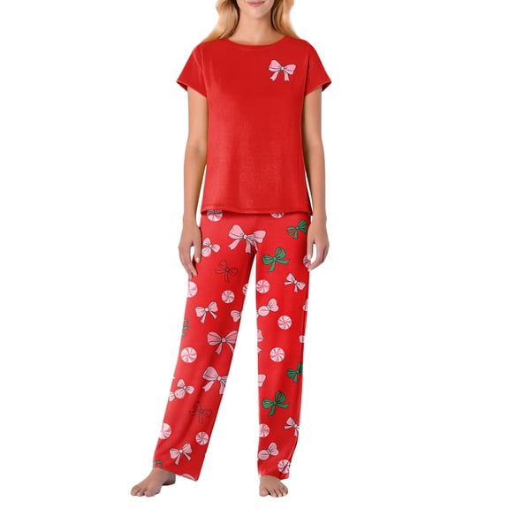 Garbnen Womens Valentine Pajama Set Bow Print Short Sleeve Crew Neck Top and Pajama Pants Spring Summer Pjs Lounge Set