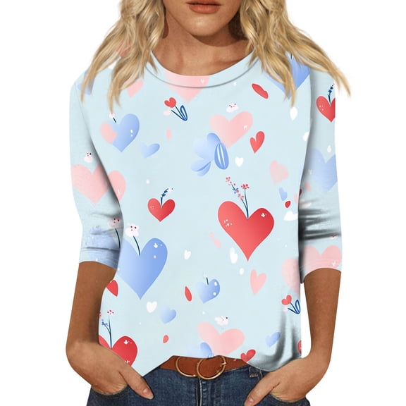 Garbnen Womens Valentines Day Tops 3/4 Length Sleeve Womens Tops Love Heart Graphic Crew Neck Dressy Loose Graphic Tee