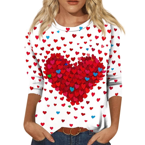Garbnen Womens Valentines Day Tops 3/4 Sleeve Shirts for Women Heart Print Crew Neck Dressy Womens Pullover