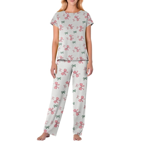 Garbnen Womens Valentines Pajama Set Bow Print Short Sleeve Crew Neck Top and Pants Spring Summer Pjs Lounge Set