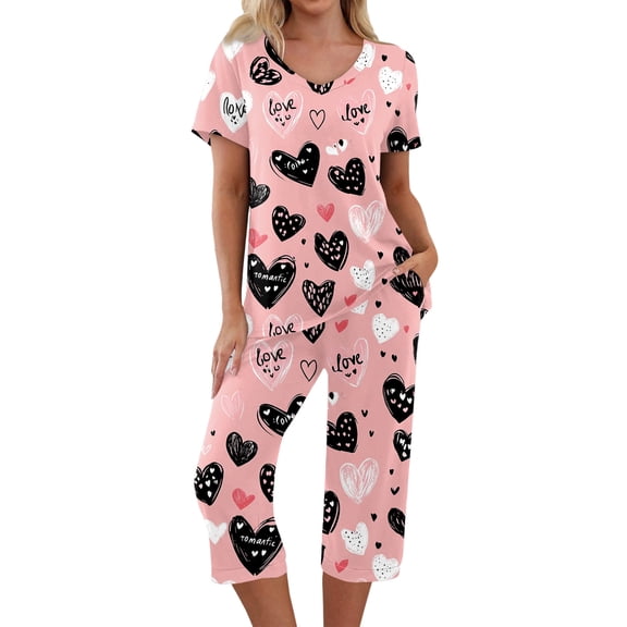 Garbnen Womens Valentines Pajama Set V Neck Short Sleeve Sleepwear Top and Capri Pjs Heart Print Sleepwear 2 Piece Pjs with Pockets