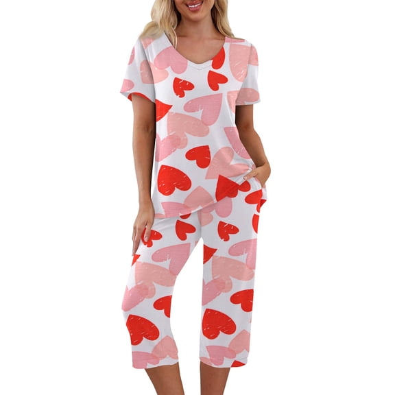 Garbnen Womens Valentines Pajama Set V Neck Short Sleeve Sleepwear Topand Capri Pants Heart Graphic Pajamas for Women Set with Pockets