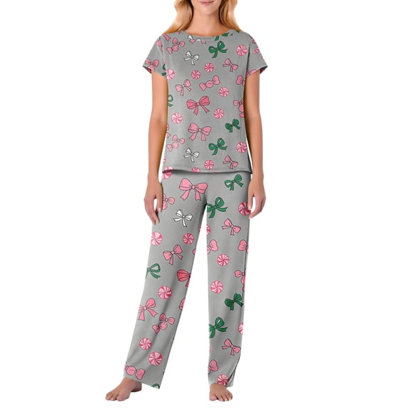 Garbnen Womens Valentines Pajamas Set Bow Print Short Sleeve Crew Neck Pjs Top and Pants Spring Summer Sleepwear Lounge Sets
