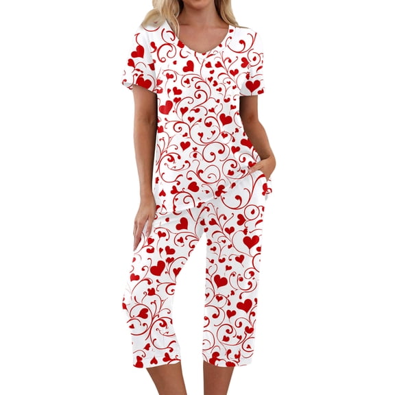 Garbnen Womens Valentines Pajamas Set V Neck Short Sleeve Sleepwear Capri Pants Heart Graphic Print Pjs Loungewear with Pockets