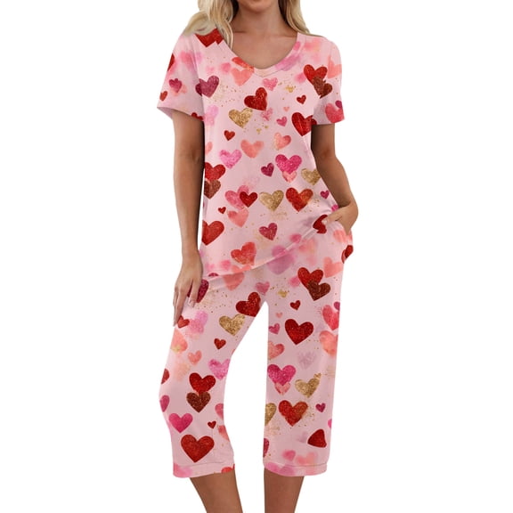 Garbnen Womens Valentines Pajamas Set V Neck Short Sleeve Top and Capri Pants Heart Graphic Print Sleepwear Lounge Sets with Pockets