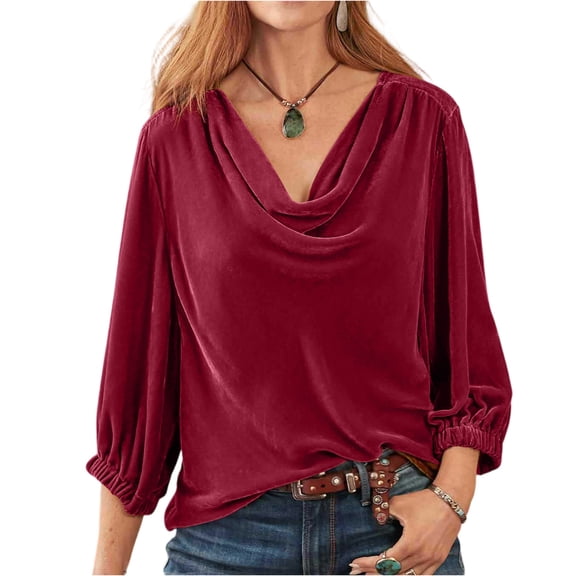 Garbnen Womens Velvet Tops Cowl Neck Drape Womens Shirts 3/4 Sleeve Dressy Spring Summer Three Quarter Length Sleeve Womens Blouses