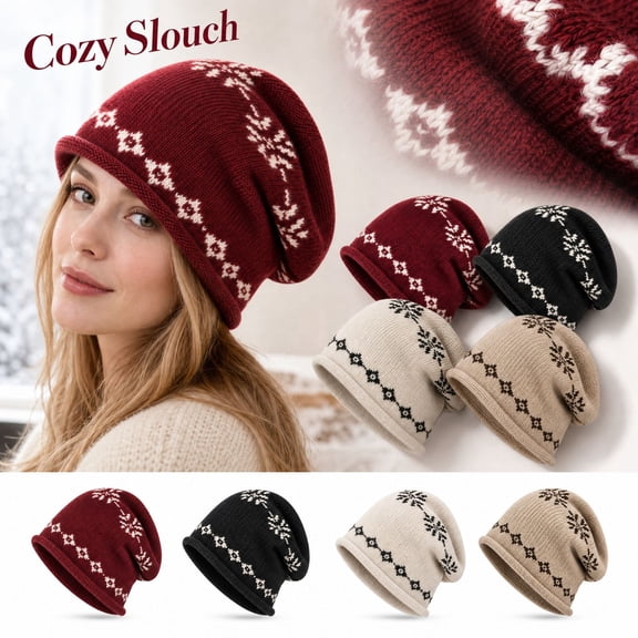 Garbnen Womens Winter Snowflake Pattern Slouchy Knit Beanie Hat, Cuffed Rolled Edge Warm Skull Cap, Soft Stretchy Daily Outdoor Cold Weather Hat For Women Red