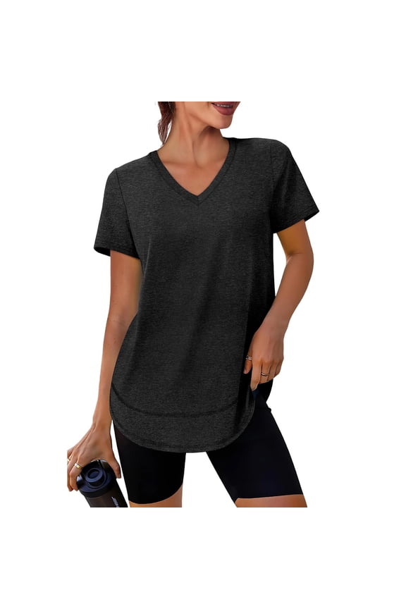 Womens Workout Tops V Neck Short Sleeve Shirts Women Spring Summer Going Out Yoga Athletic Curved Hem Women's Tunic Top Black XL